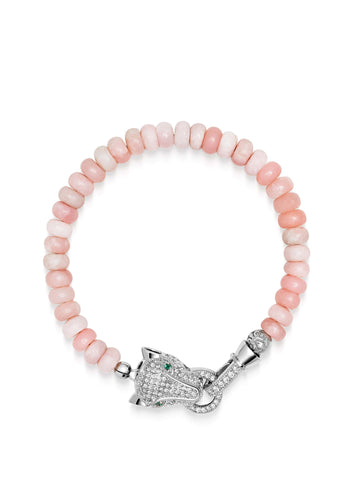 Nialaya Women's Beaded Bracelet Pink Opal Bracelet with Panther Head in Silver Pink Opal Bracelet with Panther Head in Silver